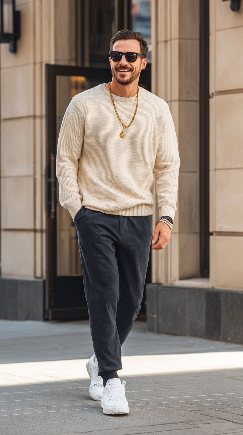 Cream Sweater + Navy Corduroys