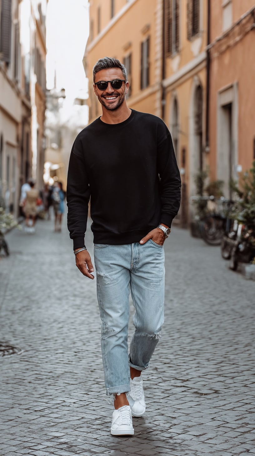 Black Sweatshirt + Distressed Light Wash Jeans