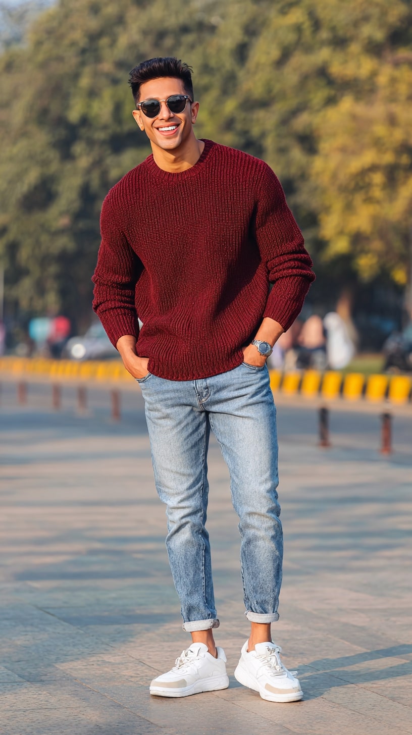 Chunky Sweater + Light Wash Jeans
