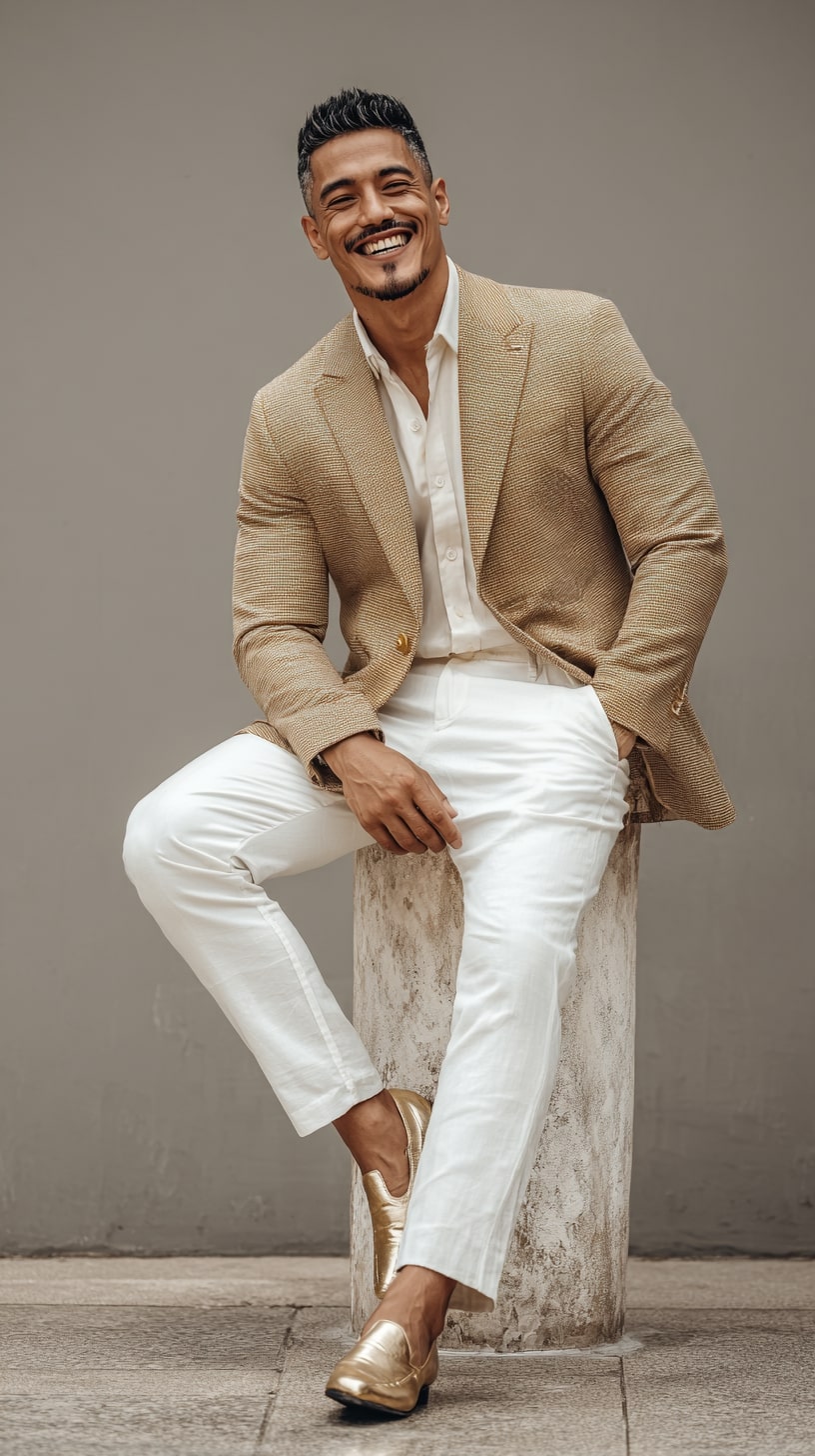 Textured Blazer + White Trousers