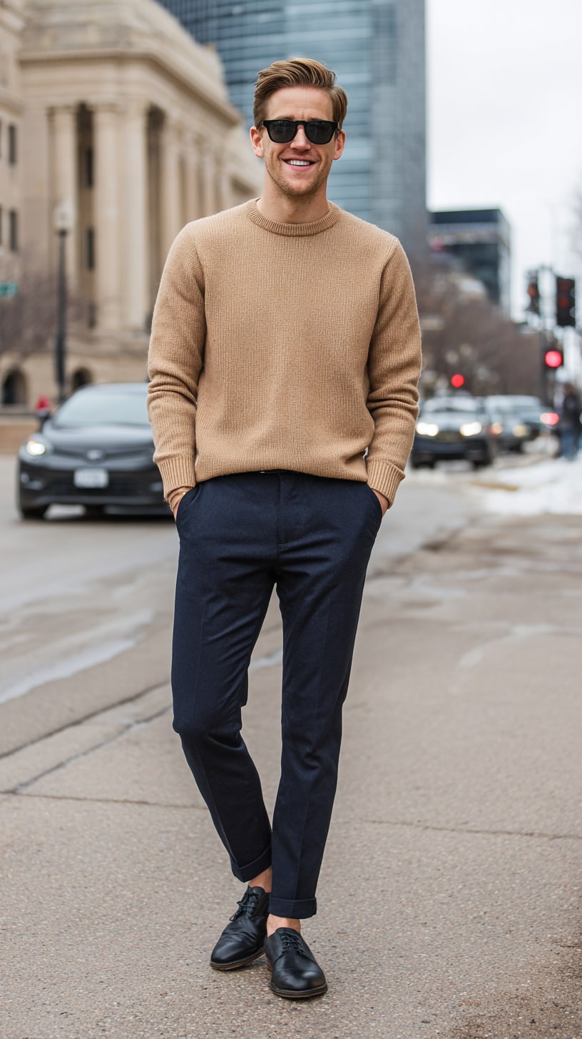 Camel Sweater + Navy Trousers