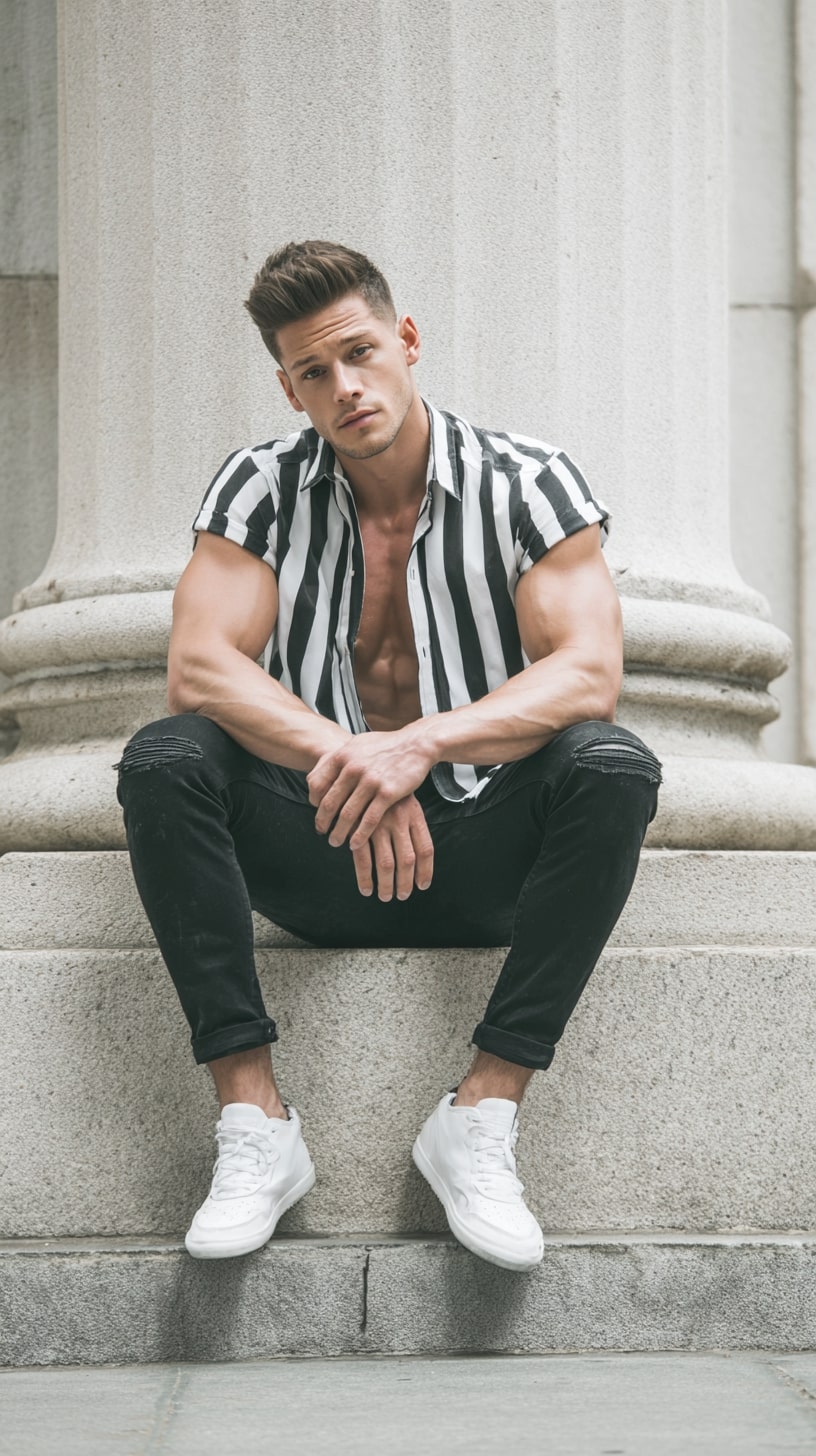Vertical Stripe Shirt + Black Ripped Jeans