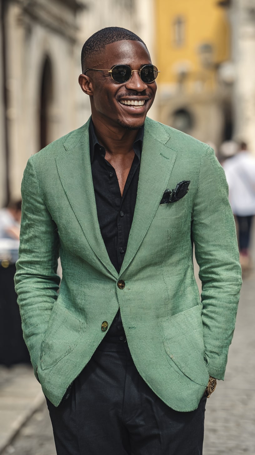 Green Linen Blazer + Black Button-Up Shirt