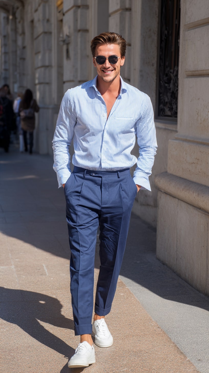 Striped Shirt + Pleated Trousers