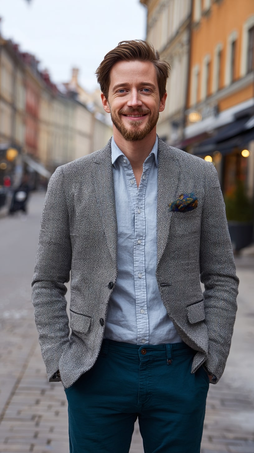 Herringbone Blazer + Chambray Shirt