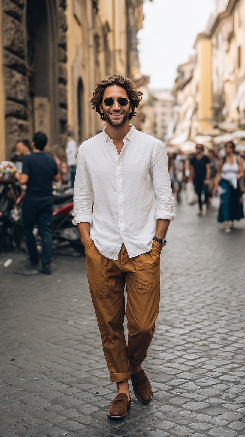 White Linen Shirt + Tobacco Trousers