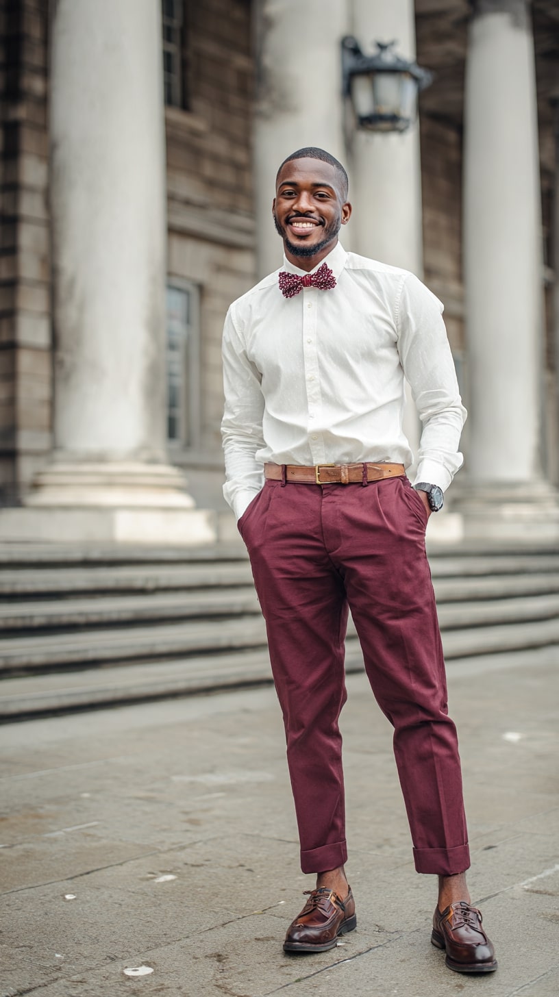 Crisp White Shirt + Burgundy Trousers & Bow Tie