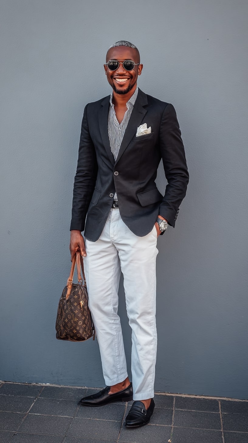 Black Blazer + White Trousers