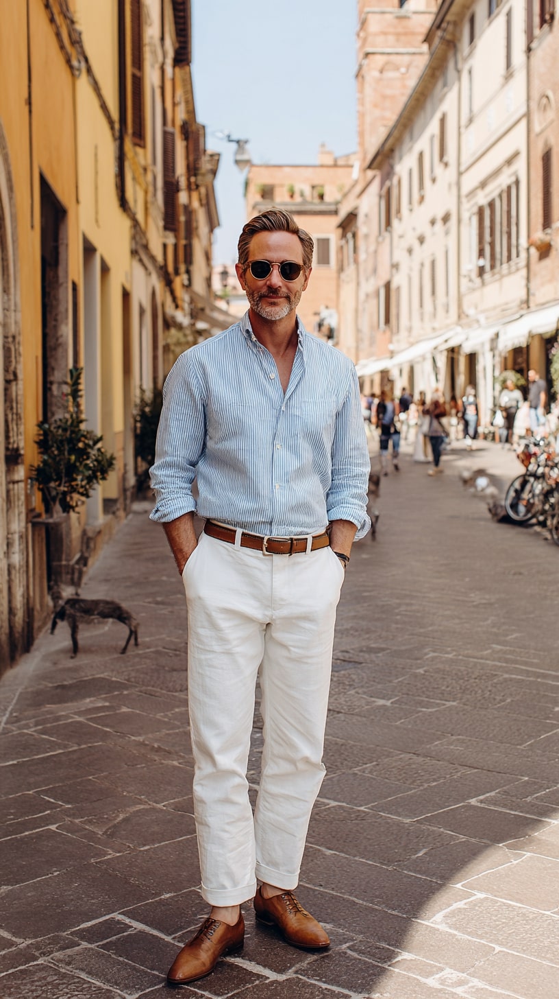 triped Shirt + White Trousers