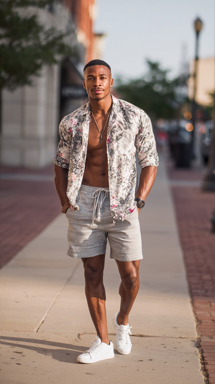 Gray Floral Linen Shirt