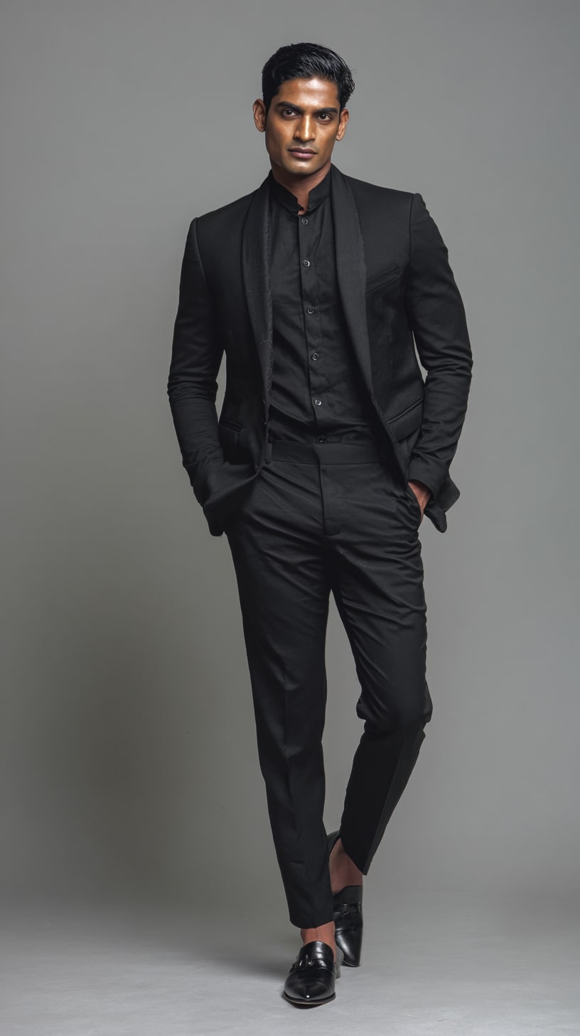 Mandarin Collar Shirt + Satin Trim Suit