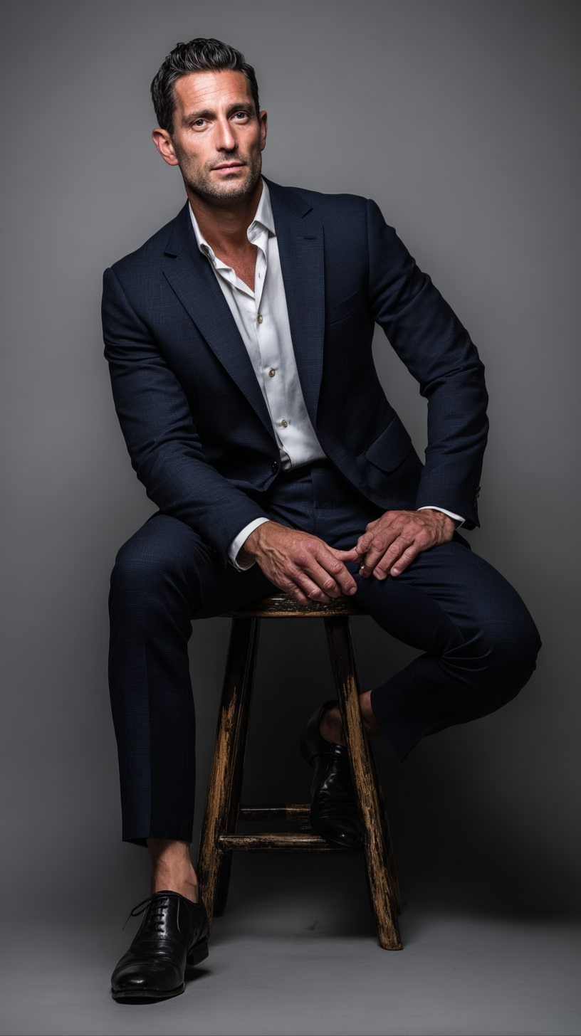 Navy Suit + Open Collar Shirt
