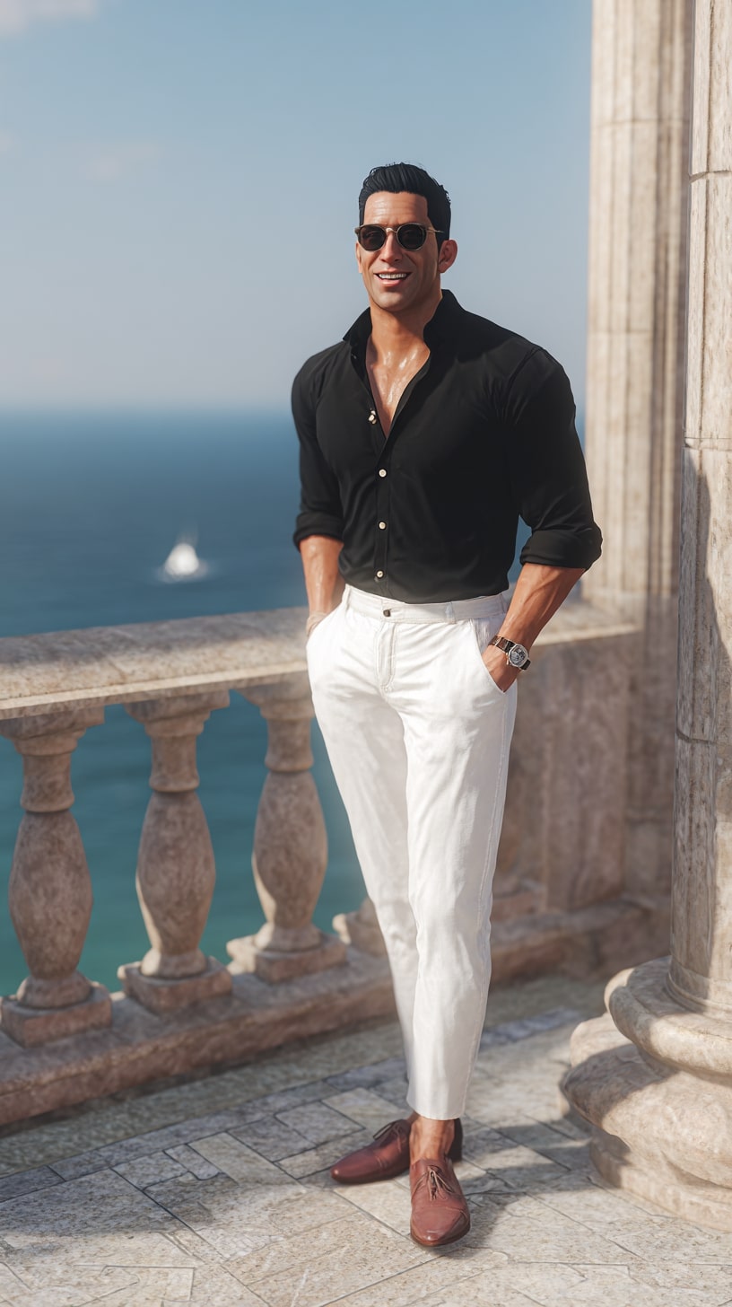 Black Linen Shirt + White Trousers