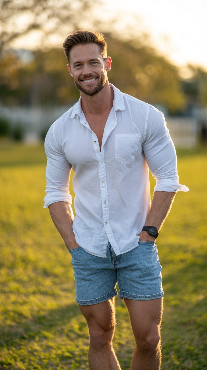 White Shirt + Denim Shorts