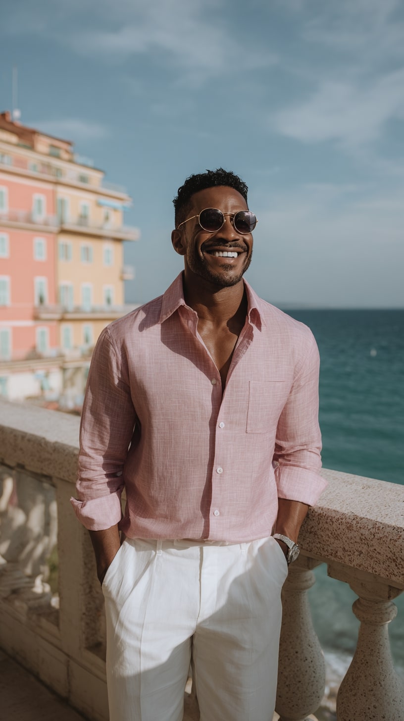 Pink Linen Shirt + White Trousers