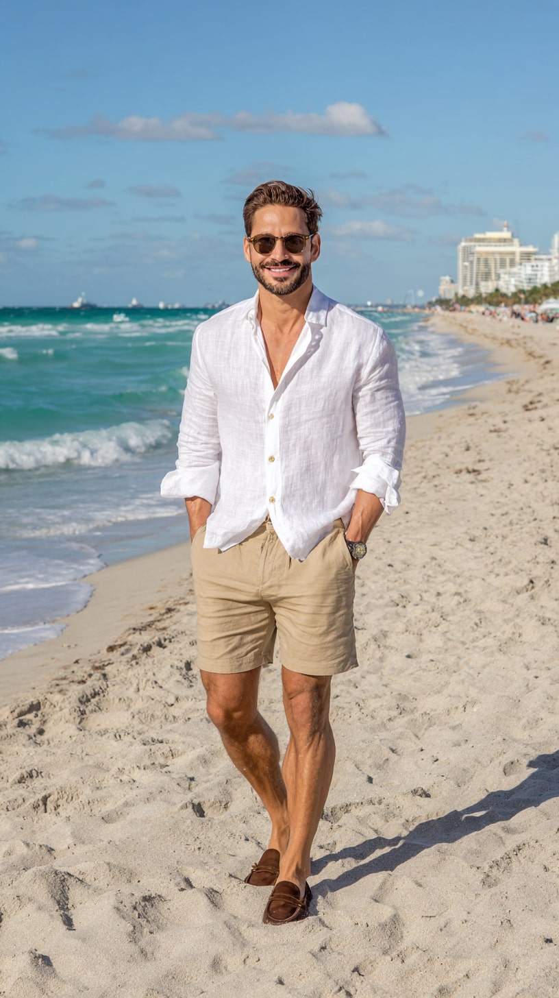 Linen Shirt + Khaki Shorts